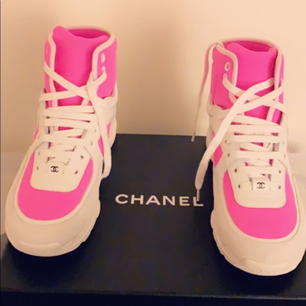 CHANEL Pink and White High-Top Sneakers